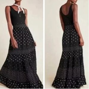 NWT.Retail $160. Anthropologie. Size M Black tiered polka dot maxi dress.